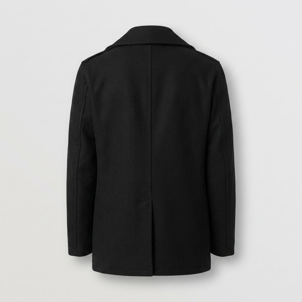 Men’s Black Fleece Peacoat – Classic Double Breasted Winter Coat