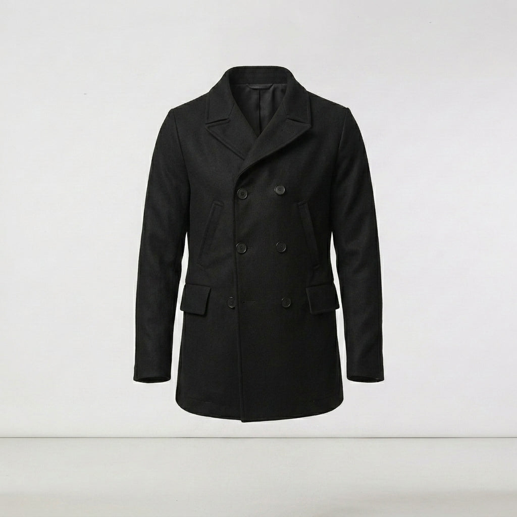 Men’s Black Navy Fleece Peacoat – Classic Double Breasted Winter Coat