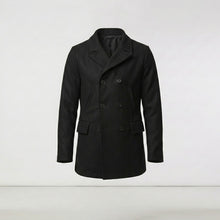 Load image into Gallery viewer, Men’s Black Navy Fleece Peacoat – Classic Double Breasted Winter Coat

