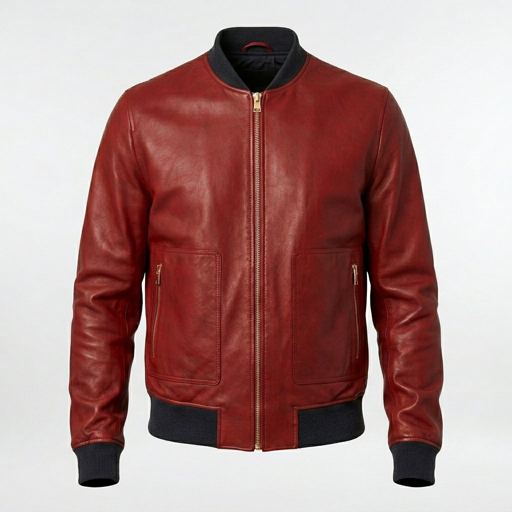 Men’s Red Lambskin Leather Bomber Jacket – Slim Fit Fashion Aviator Coat