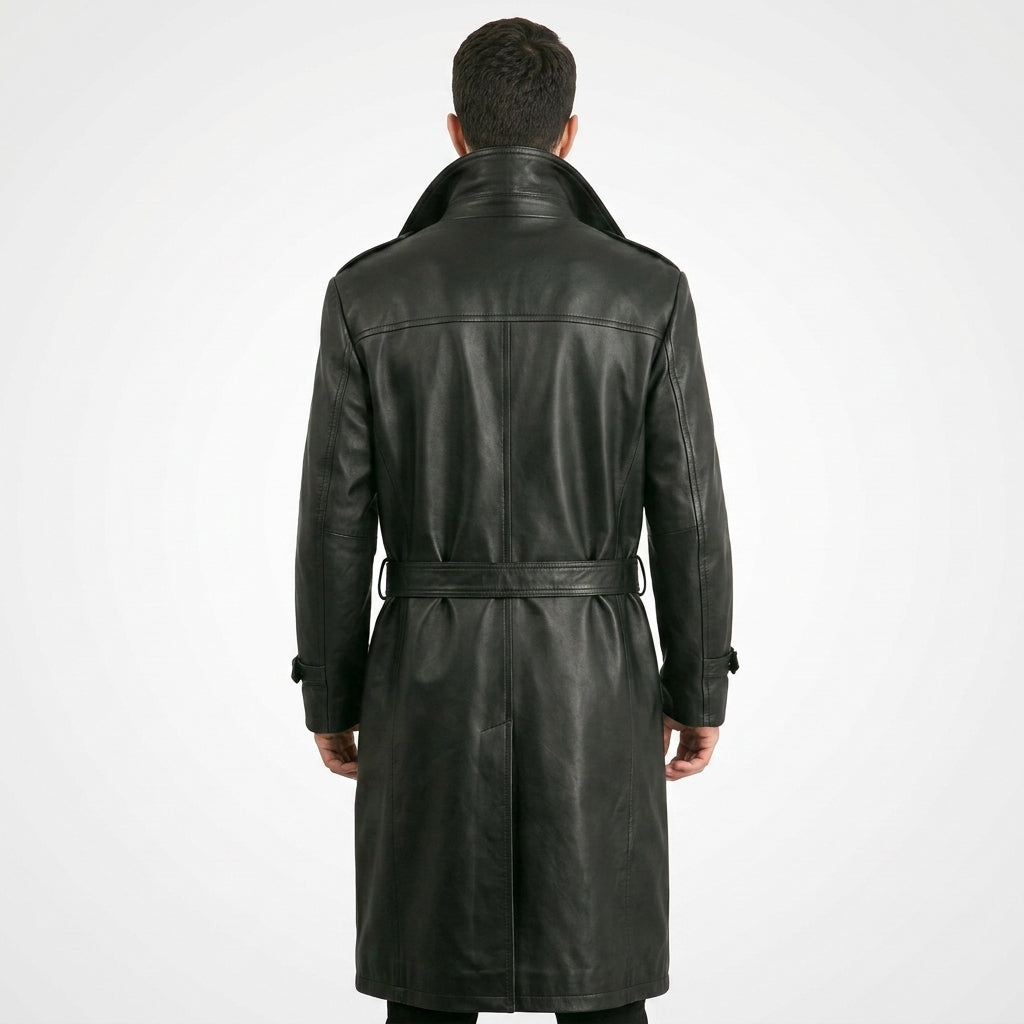 Men’s Genuine Leather Trench Coat – Classic Long Leather Overcoat