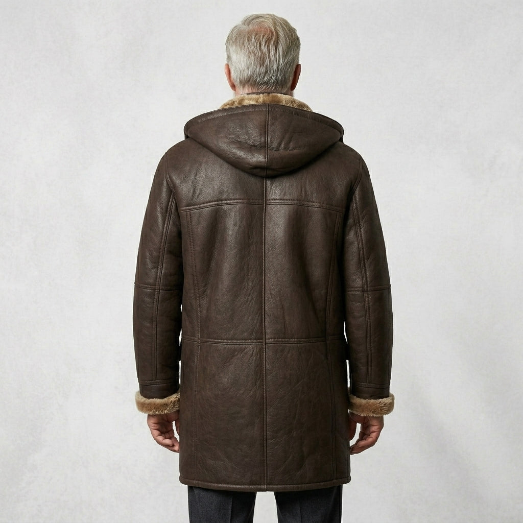 Men’s Brown Shearling Hooded Coat – Genuine Shearling Winter Coat