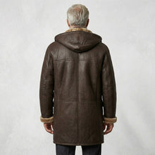 Load image into Gallery viewer, Men’s Brown Shearling Hooded Coat – Genuine Shearling Winter Coat

