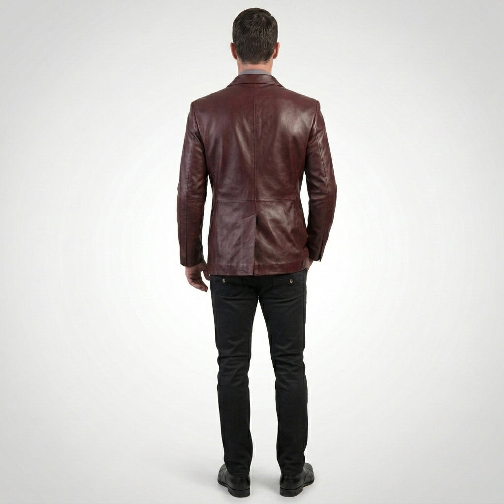 Men’s Burgundy Lambskin Leather Double Breasted Blazer – Travel Hide