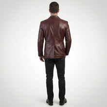 Load image into Gallery viewer, Men’s Burgundy Lambskin Leather Double Breasted Blazer – Travel Hide

