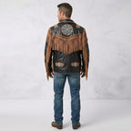 Men’s Cowboy Cowhide Leather Fringe Jacket with Beaded Western Detail