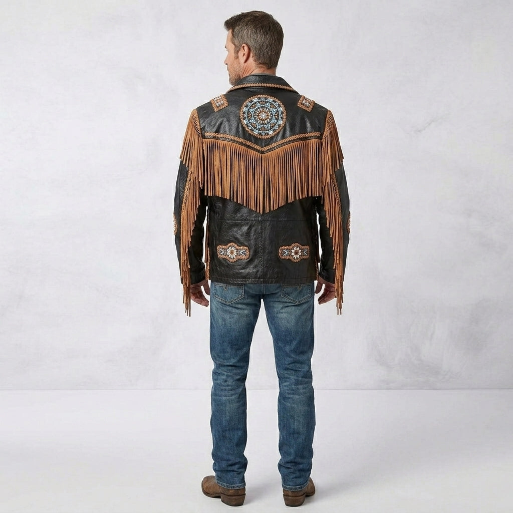 Men’s Cowboy Cowhide Leather Fringe Jacket with Beaded Western Detail