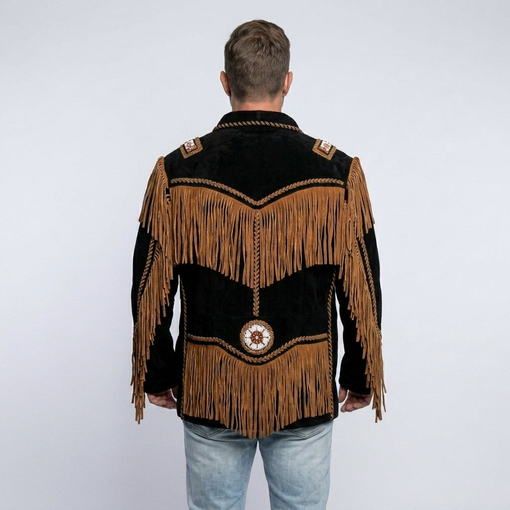 Authentic Western Leather Fringe & Beaded Jacket for Men