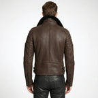 Men’s Brown Shearling Cafe Racer Leather Jacket – Vintage Aviator Biker Coat