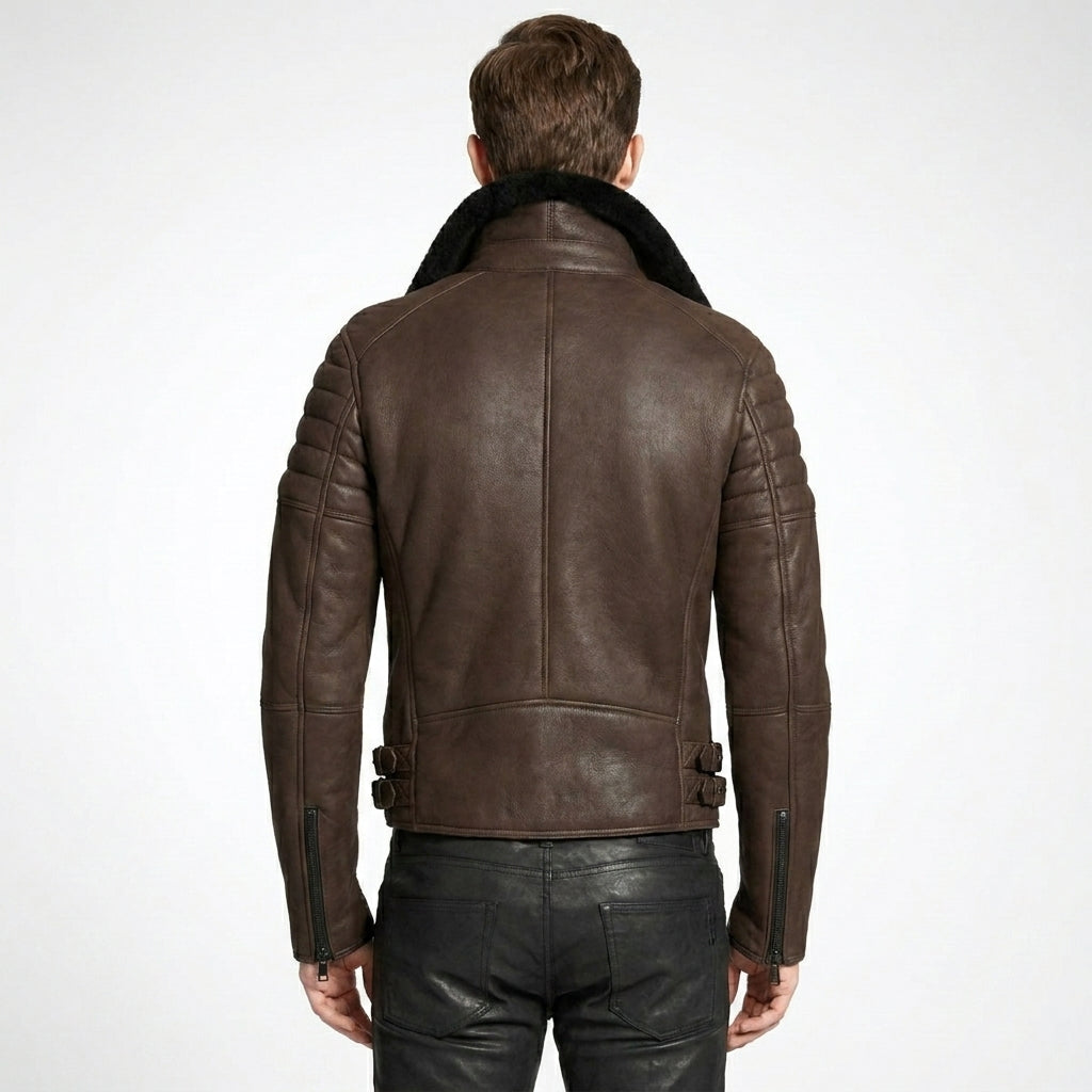 Men’s Brown Shearling Cafe Racer Leather Jacket – Vintage Aviator Biker Coat