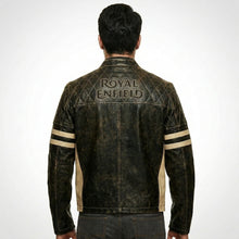 Load image into Gallery viewer, Men’s Distressed Brown Cafe Racer Leather Jacket – Royal Enfield Inspired Biker Coat
