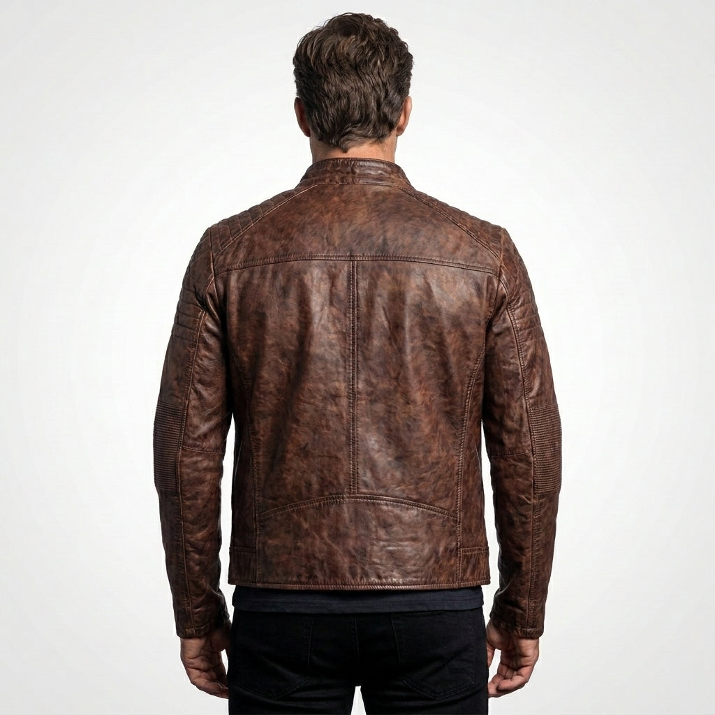 Men’s Coffee Brown Distressed Sheepskin Cafe Racer Leather Jacket