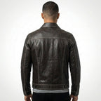 Men’s Dark Brown Leather Trucker Jacket – Contrast Stitch Snap Button Coat