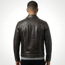 Load image into Gallery viewer, Men’s Dark Brown Leather Trucker Jacket – Contrast Stitch Snap Button Coat
