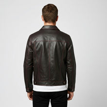 Load image into Gallery viewer, Men’s Dark Brown Leather Trucker Jacket – Contrast Stitch Snap Button Shirt Jacket

