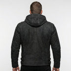 Men’s Matte Black Leather Biker Jacket – Removable Hood Moto Coat