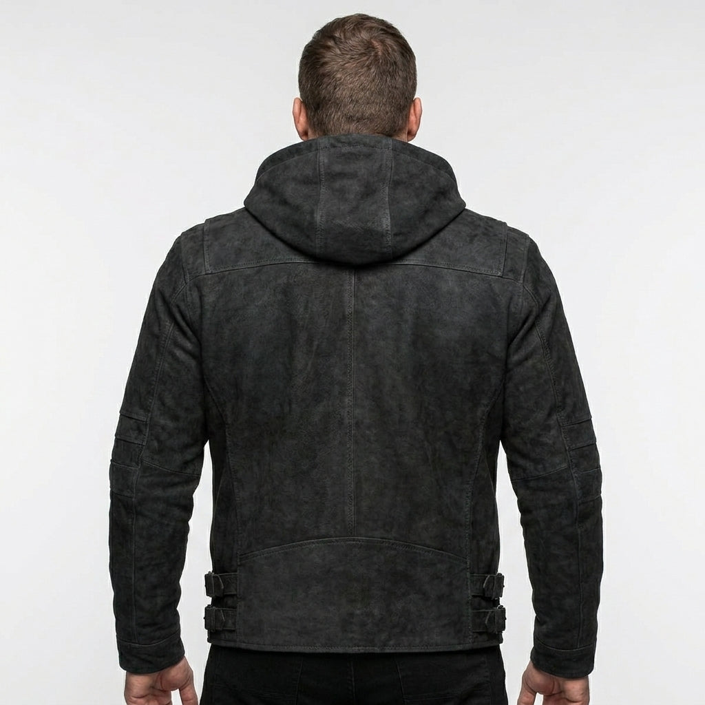 Men’s Matte Black Leather Biker Jacket – Removable Hood Moto Coat