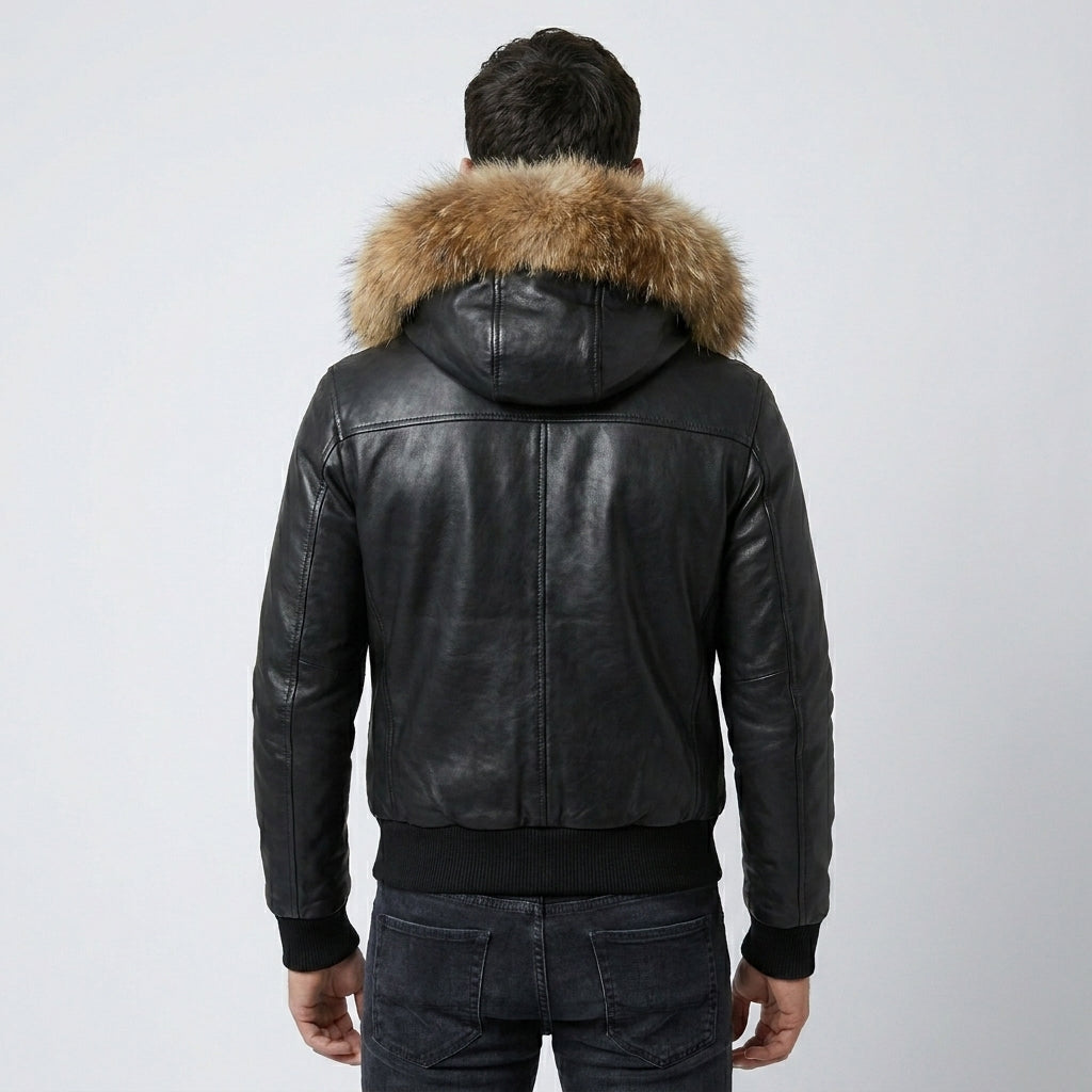 Men’s Black Leather Bomber Jacket – Removable Fur Hood Winter Coat
