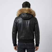 Load image into Gallery viewer, Men’s Black Leather Bomber Jacket – Removable Fur Hood Winter Coat
