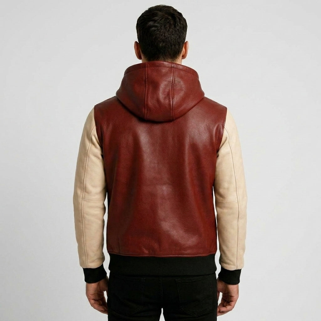 This burgundy and white leather hoodie is available from retailers like Etsy and Jackets Kingdom, often labeled as a handmade sheepskin or lambskin two-tone jacket.