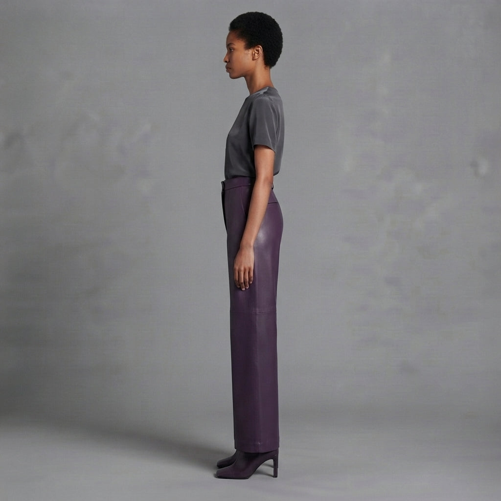 Side view of plum genuine leather high waisted trousers with a wide straight leg