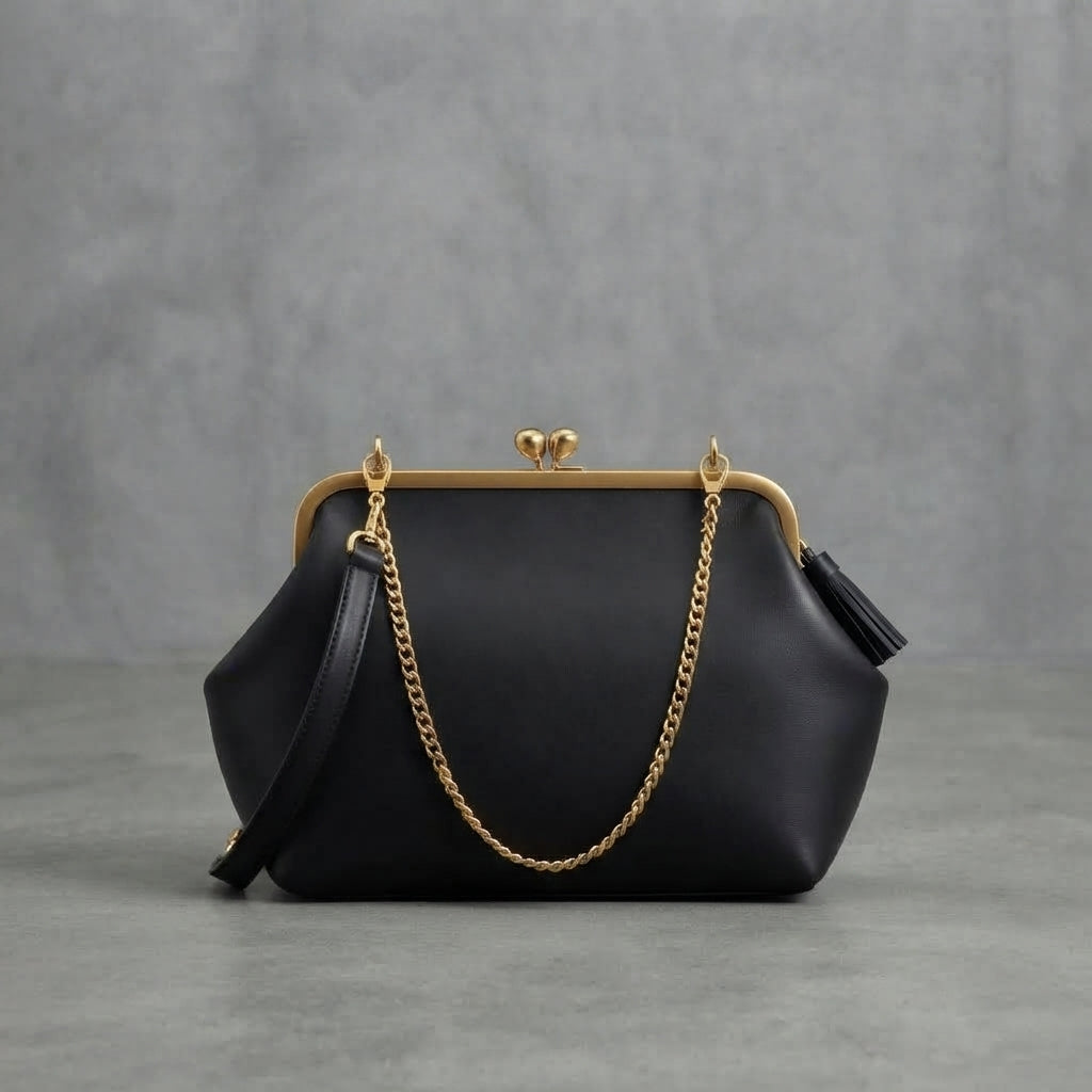 Women's Black  Leather Shoulder Bag with golden chain