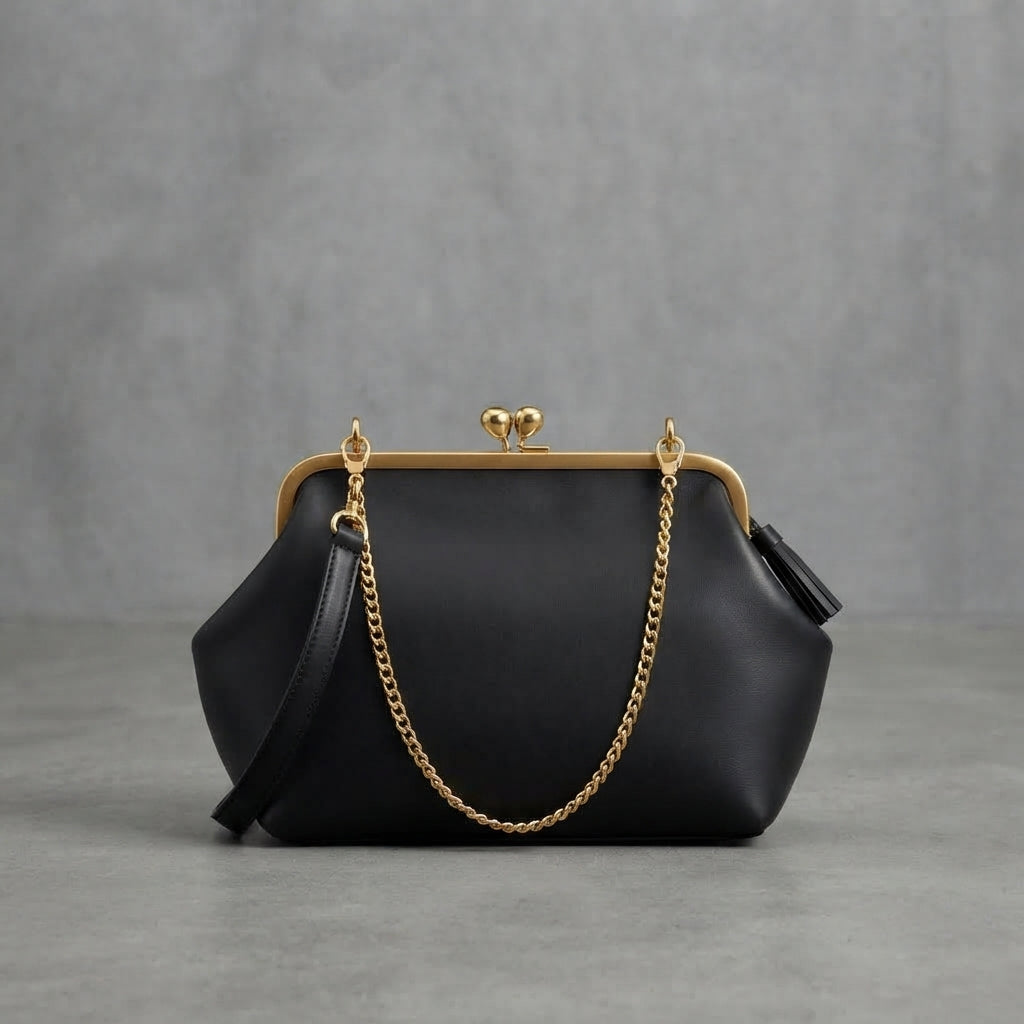 Women's Black  Leather Shoulder Bag with golden chain