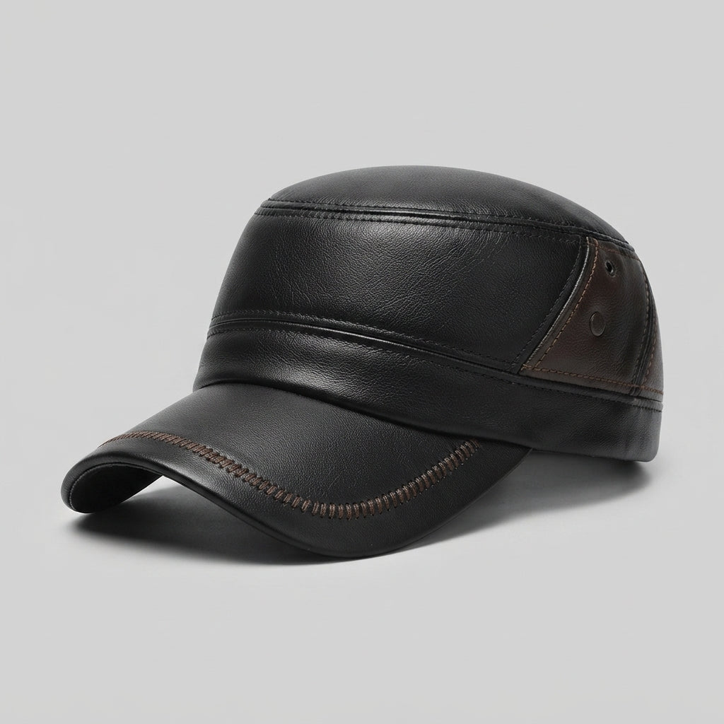 Men's Black Genuine Leather Winter Beret Hat