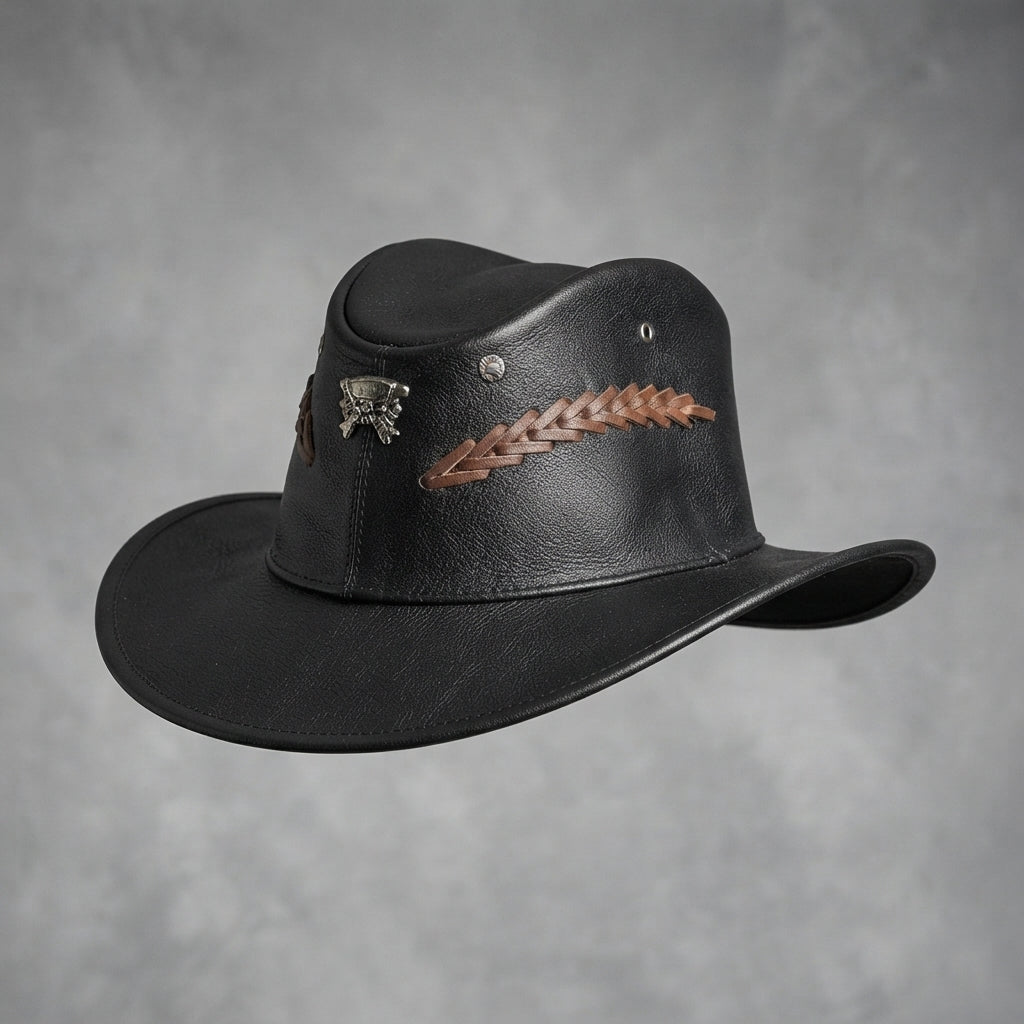 Handmade Black Leather Outback Western Hat
