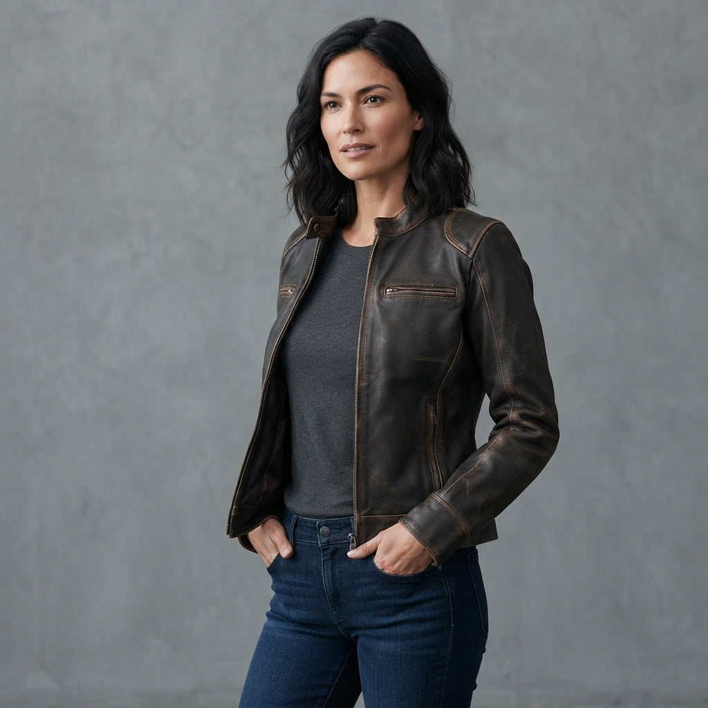 Women's dark brown distressed leather jacket with band collar and chest pockets