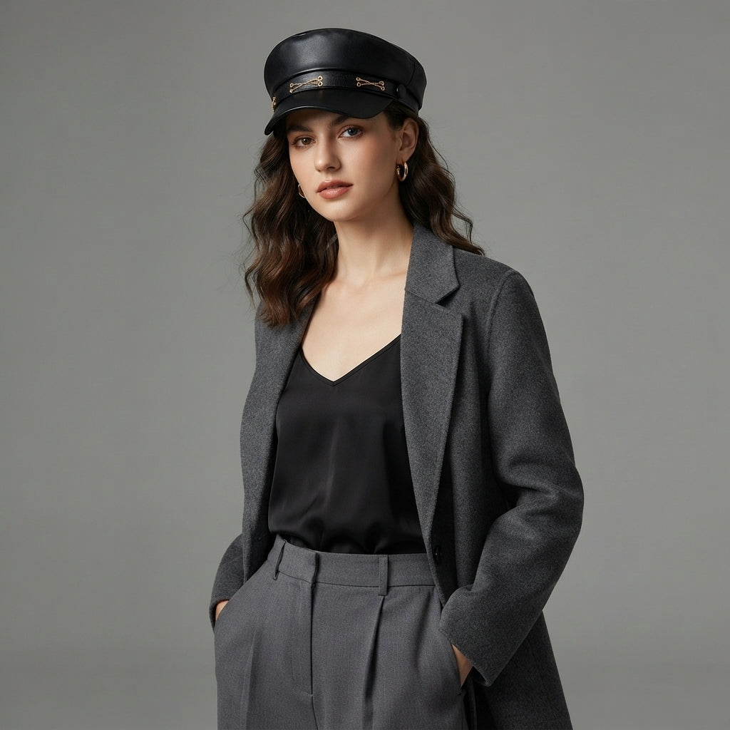Women's Black  Leather Cap