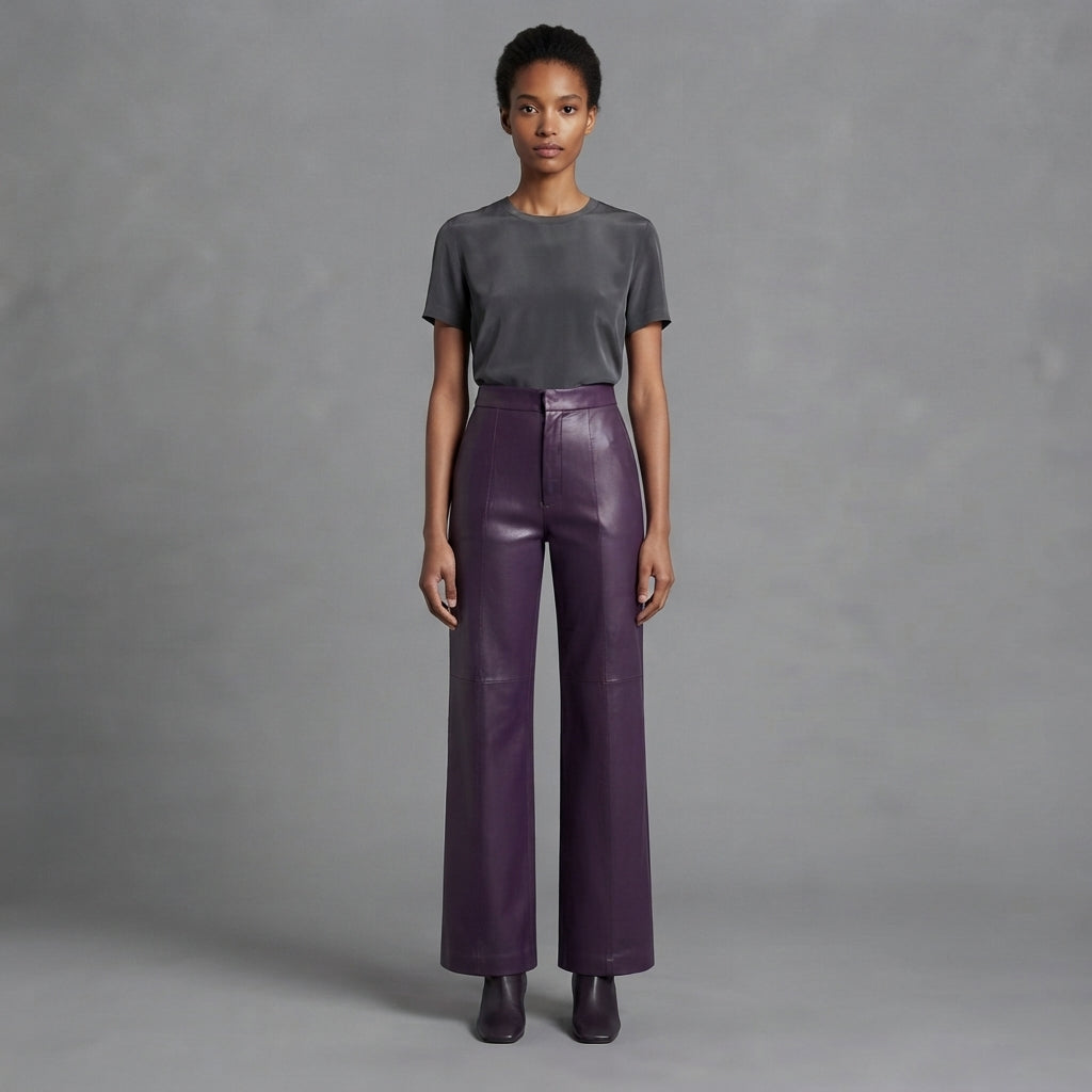 Front view of women's purple wide leg leather pants with charcoal tee and black boots