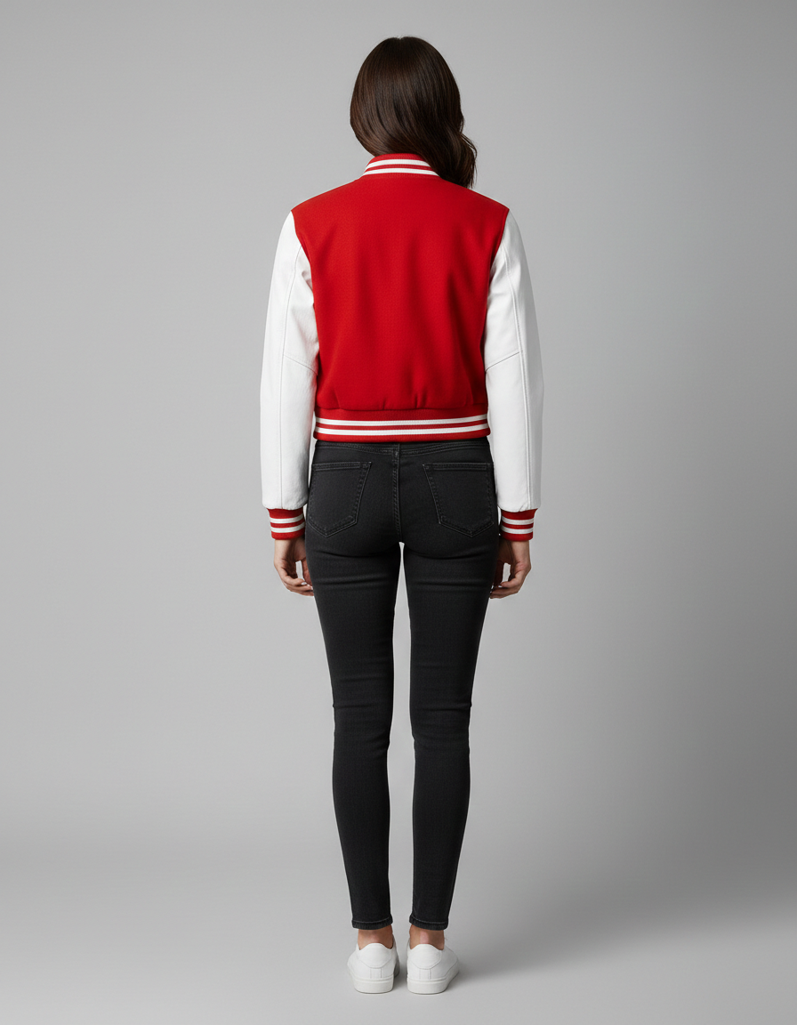 Damen Varsity Jacke Rot & Weiß – Knopfverschluss Rippstrick-Bündchen Bomberjacke