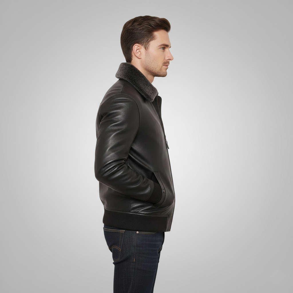 Mens G-1 Flight Bomber Black Leather Jacket