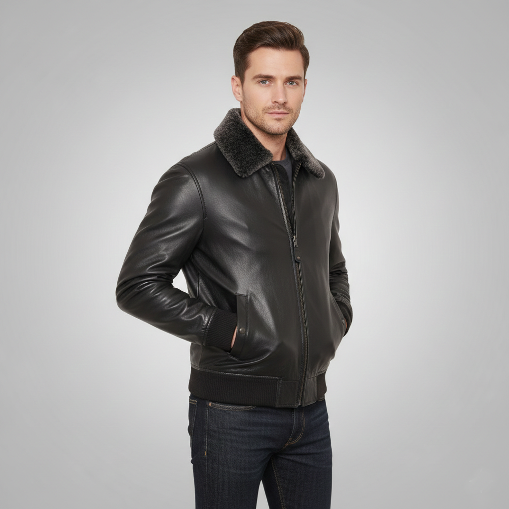 Mens G-1 Flight Bomber Black Leather Jacket