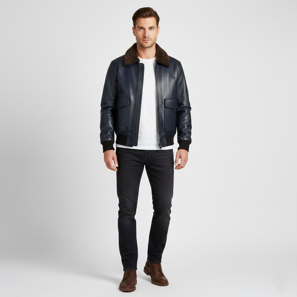 Men's Navy Leather flight bomber jacket
