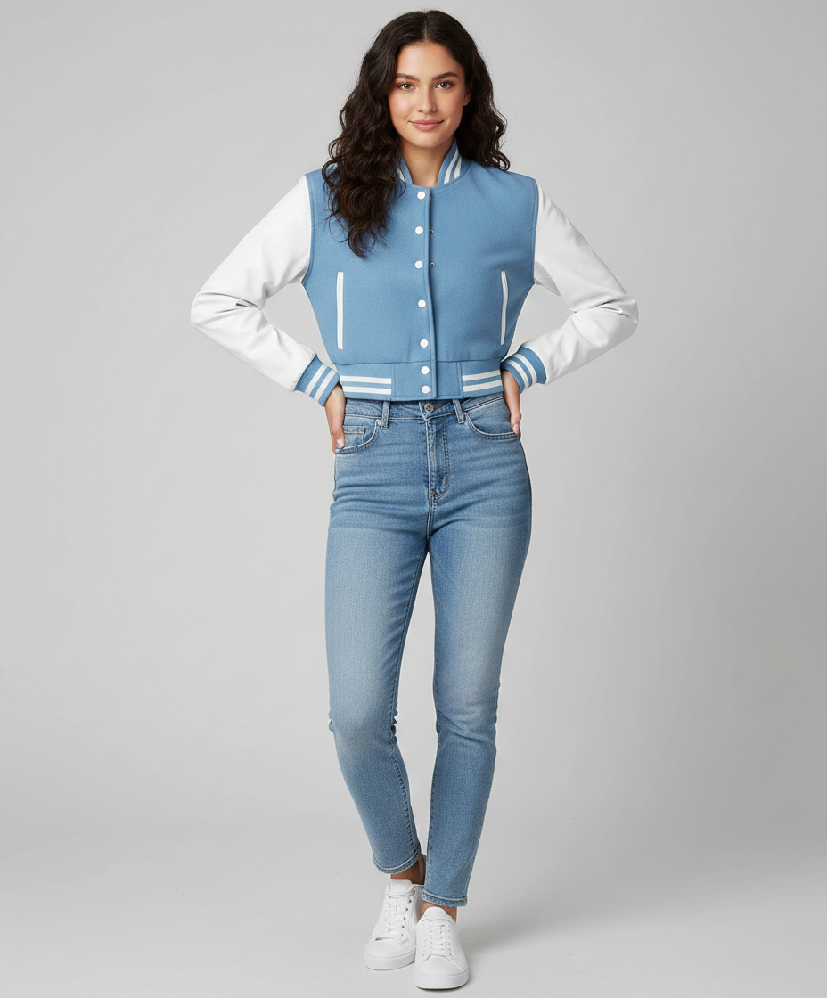 Damen verkürzte College-Jacke in Babyblau