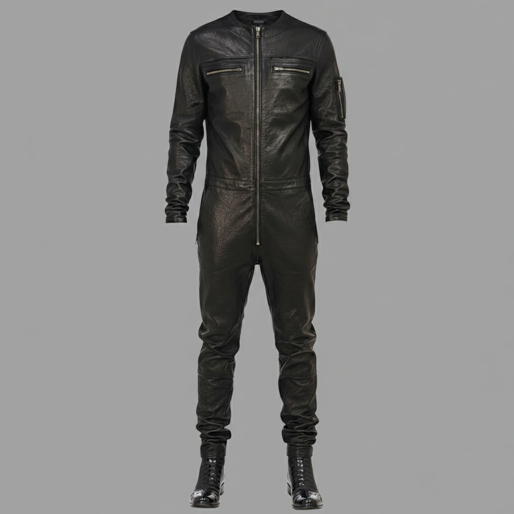 Men’s Black Real Leather Slim-Fit Jacket – Round Neck Racer Style