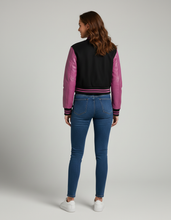 Load image into Gallery viewer, Women’s Black &amp; Pink Varsity Jacket – Snap Button Bomber
