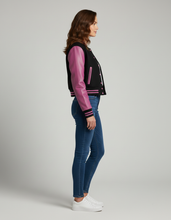 Load image into Gallery viewer, Women’s Black &amp; Pink Varsity Jacket – Snap Button Bomber
