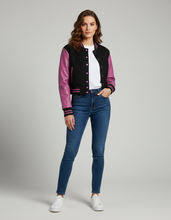 Load image into Gallery viewer, Women’s Black &amp; Pink Varsity Jacket – Snap Button Bomber
