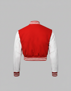 Damen Varsity Jacke Rot & Weiß – Knopfverschluss Rippstrick-Bündchen Bomberjacke