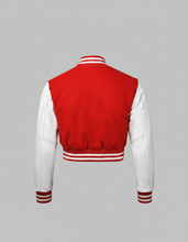 Load image into Gallery viewer, Women’s Red &amp; White Varsity Jacket – Button Closure Ribbed Trim Bomber
