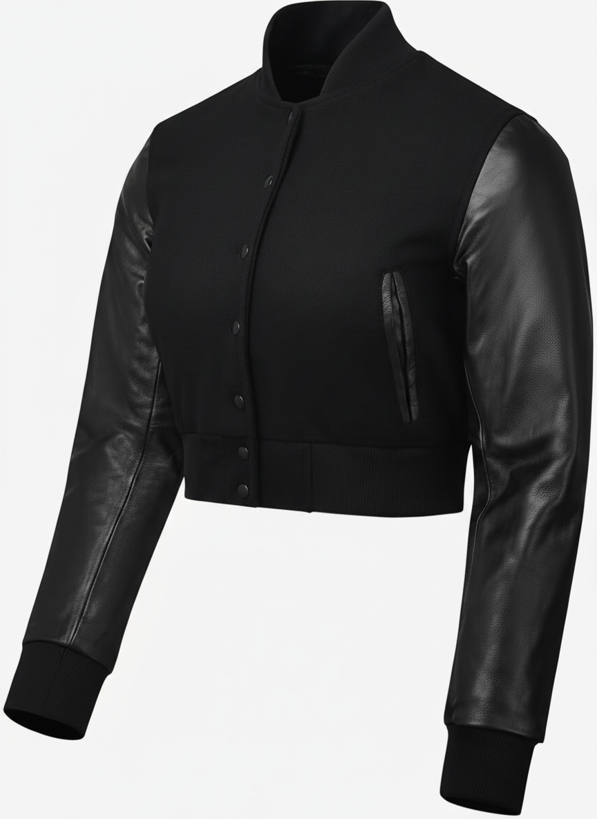 Damen Polo Ralph Lauren Schwarze verkürzte Leder-College-Jacke
