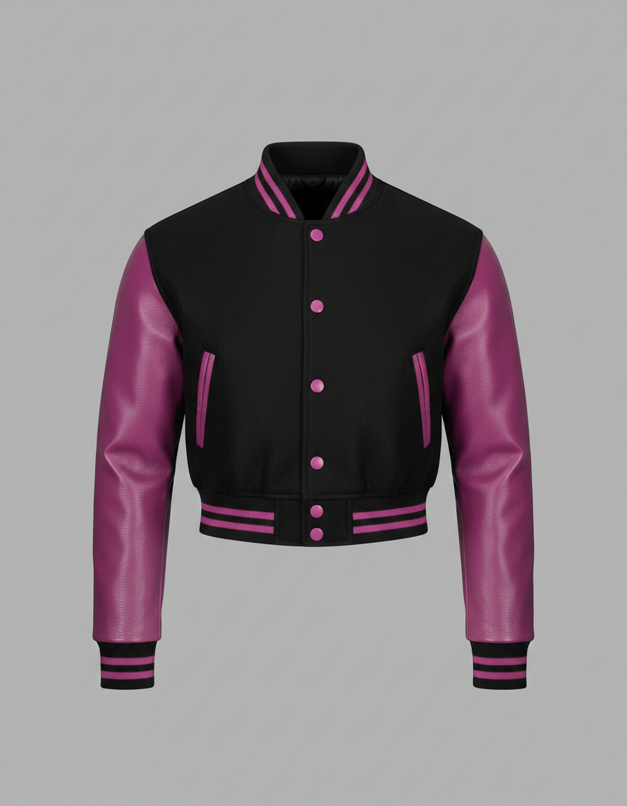 Damen Varsity-Jacke Schwarz & Pink – Bomberjacke mit Druckknöpfen