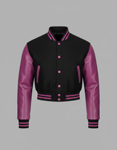 Load image into Gallery viewer, Women’s Black &amp; Pink Varsity Jacket – Snap Button Bomber
