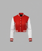 Load image into Gallery viewer, Women’s Red &amp; White Varsity Jacket – Button Closure Ribbed Trim Bomber
