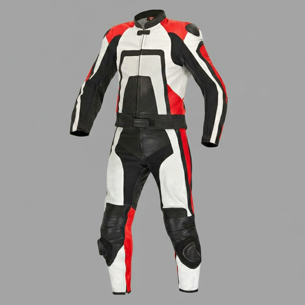Men’s Red White Black Two-Piece Motorcycle Leather Suit