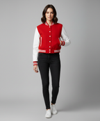 Damen Varsity Jacke Rot & Weiß – Knopfverschluss Rippstrick-Bündchen Bomberjacke