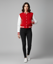 Load image into Gallery viewer, Women’s Red &amp; White Varsity Jacket – Button Closure Ribbed Trim Bomber
